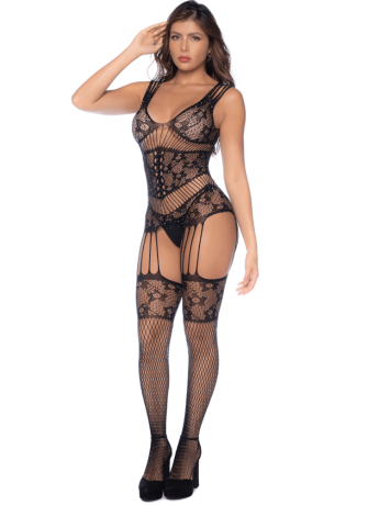Combinaison noire en résille avec strass - MAL1132BKRH